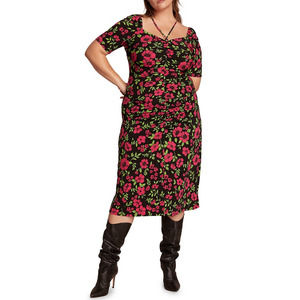 11 Honore Plus Lauryn Printed Tie-Neck Ruched Floral Midi Dress Size 1X